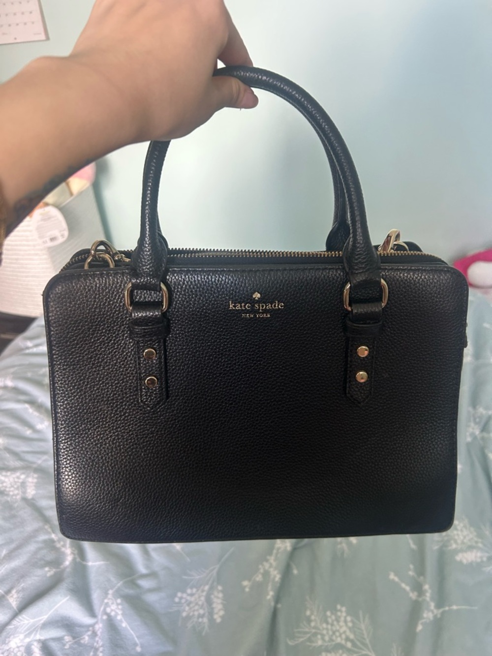 kate spade Black Pebbled Leather Satchel with Gold Hardware